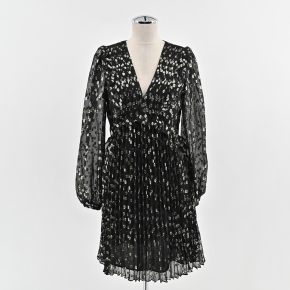 A Loves A Dresses & Skirts - A LOVES A Metallic Dress Size S Black Gold Dot Silk Blend VNeck Accordion NEW